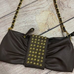 Hananel chocolate brown purse, gold studs on the front chain strap